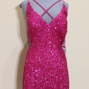 SCALA v-neck sequin spaghetti strap high cut dress in magenta size 6